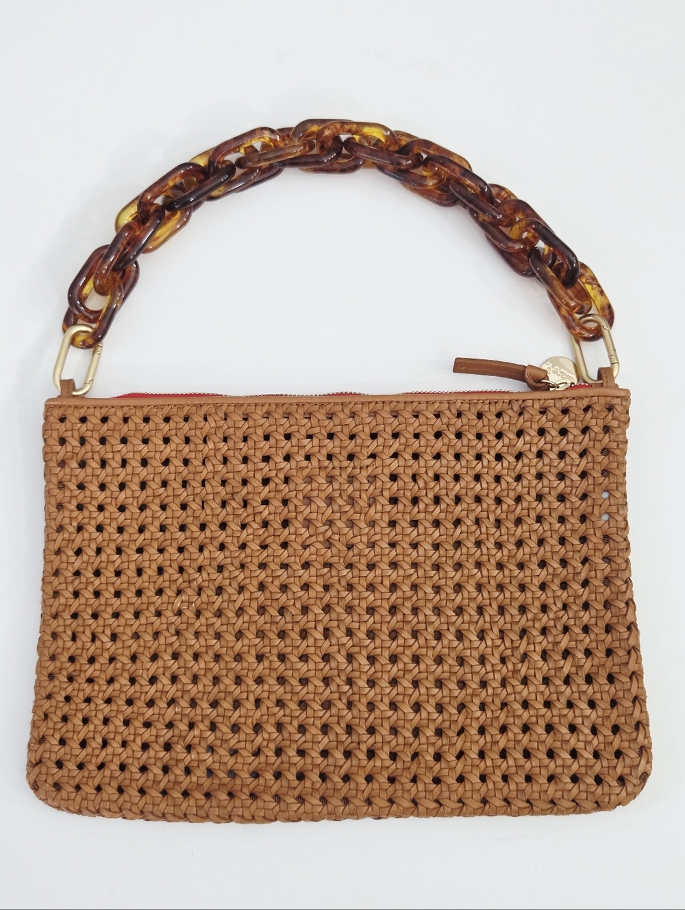 CLARE V FLAT CLUTCH BAG WITH TABS - TAN RATTAN LEATHER + TORTOISE RESIN SHORTIE - Picture 8 of 11